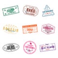 Set of travel visa stamps for passports. Abstract international and immigration office stamps. Arrival and departure customs visa Royalty Free Stock Photo