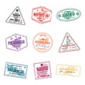 Set of travel visa stamps for passports. Abstract international and immigration office stamps. Arrival and departure customs visa Royalty Free Stock Photo