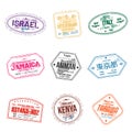 Set of travel visa stamps for passports. Abstract international and immigration office stamps. Arrival and departure customs visa Royalty Free Stock Photo