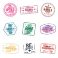 Set of travel visa stamps for passports. Abstract international and immigration office stamps. Arrival and departure customs visa Royalty Free Stock Photo