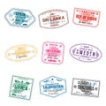 Set of travel visa stamps for passports. Abstract international and immigration office stamps. Arrival and departure customs visa