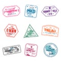 Set of travel visa stamps for passports. Abstract international and immigration office stamps. Arrival and departure customs visa Royalty Free Stock Photo