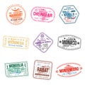 Set of travel visa stamps for passports. Abstract international and immigration office stamps. Arrival and departure customs visa Royalty Free Stock Photo