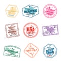 Set of travel visa stamps for passports. Abstract international and immigration office stamps. Arrival and departure customs visa Royalty Free Stock Photo