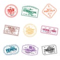 Set of travel visa stamps for passports. Abstract international and immigration office stamps. Arrival and departure customs visa Royalty Free Stock Photo