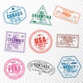 Set of travel visa stamps for passports. Abstract international and immigration office stamps. Arrival and departure visa stamps