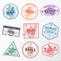 Set of travel visa stamps for passports. Abstract international and immigration office stamps. Arrival and departure visa stamps Royalty Free Stock Photo