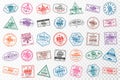 Set of travel visa stamps for passports. Abstract international and immigration office stamps. Arrival and departure visa stamps Royalty Free Stock Photo