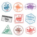 Set of travel visa stamps for passports. International and immigration office stamps. Arrival and departure visa stamps