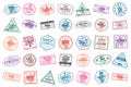 Set of travel visa stamps for passports. International and immigration office stamps. Arrival and departure visa stamps