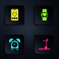 Set Treadmill machine, Mobile with heart rate, Alarm clock and Smart watch. Black square button. Vector Royalty Free Stock Photo