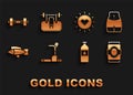 Set Treadmill machine, Women waist, Soda can, Bottle of water, Fish, Sun, Dumbbell and Bench with barbel icon. Vector