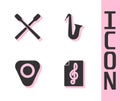 Set Treble clef, Drum sticks, Guitar pick and Musical instrument saxophone icon. Vector Royalty Free Stock Photo