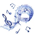 Set of treble clef, notes and water splash watercolor illustration on white Royalty Free Stock Photo