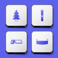 Set Tree, Chisel tool, Hacksaw and Two-handed icon. White square button. Vector Royalty Free Stock Photo