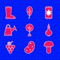 Set Tree, Potato, Mushroom, Onion, Grape fruit, Watering can, Leaf mobile phone and Waterproof rubber boot icon. Vector