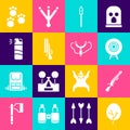 Set Tree, Shotgun, Target sport, Medieval spear, Pepper spray, Paw print and Slingshot icon. Vector Royalty Free Stock Photo