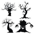 Set of tree silhouettes for Halloween. A collection of monster trees with bats and pumpkins. Black and white Royalty Free Stock Photo