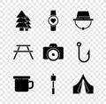 Set Tree, Smart watch showing heart beat rate, Camping hat, metal mug, Marshmallow on stick, Tourist tent, Picnic table