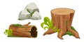 Set tree stump, log and stone pile with moss in cartoon style, forest objects isolated on white background. Ui assets Royalty Free Stock Photo
