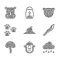 Set Tree stump, Monkey, Cloud with rain, Machete, Mushroom, Paw print, Tiger head and Rhinoceros icon. Vector Royalty Free Stock Photo