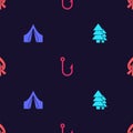 Set Tree, Tourist tent, Fishing hook and Campfire on seamless pattern. Vector