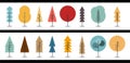 Set of trees icons various style geometric shape. Collection of forest tree nature cartoon. Flat design. Christmas concept. Royalty Free Stock Photo