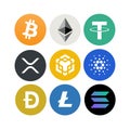Set of the trending Cryptocurrencies. Icons, vector illustration
