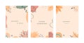 Set of trendy abstract floral autumn vertical templates with leaves, rainbow and abstract shapes and lines. Good for Royalty Free Stock Photo