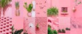 Set of trendy aesthetic photo collages. Minimalistic images of one top color. Pink moodboard