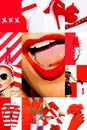 Set of trendy aesthetic photo collages. Minimalistic images of two top colors. Red and white moodboard