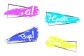 Set of trendy banners in frame on white background. Colored grunge brushes in frame with text Hello! Chao! Bye! Hi!