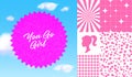 Set of Trendy Barbie Doll Elements. Vector Pink Cartoon Illustrations in Barbiecore Style. Girl Silhouette Sticker