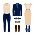 Set of trendy clothes. Outfit of man and woman clothes and accessories