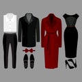 Set of trendy clothes. Outfit of man and woman clothes and accessories Royalty Free Stock Photo