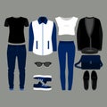 Set of trendy clothes. Outfit of man and woman clothes and accessories Royalty Free Stock Photo