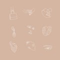 Set of trendy contour linear icons and elements for delicate feminine design, minimalictic simple fashion elements, woman faces,