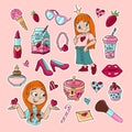 Set of trendy and cute stickers with girl supplies. Summer feminine elements. Bubble tea, necklace, coffee, shoes, crown, unicorn Royalty Free Stock Photo