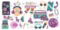 Set of trendy elements in retro style of 90s, 80s, 70s. Hand drawn music template, cartoon character comic sun, roller skating. Royalty Free Stock Photo