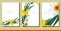 Set of trendy floral spring templates with white and yellow daffodils. Cards with narcissus. For romantic design