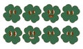 Set trendy Groovy clover stickers. Happy Saint Patrick\'s Day. Funky happy clover character in trendy retro 60s 70s