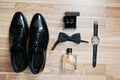 Set of trendy men`s clothes and accesories. Set groom bow ties, Royalty Free Stock Photo