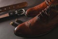 Set of trendy men`s clothes and accesories. Shoes with belt Royalty Free Stock Photo