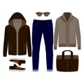 Set of trendy men's clothes. Outfit of man blazer, cardigan, pants and accessories. Men's wardrobe Royalty Free Stock Photo