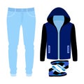 Set of trendy men's clothes. Outfit of man blazer, pants and sneakers