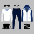 Set of trendy men's clothes. Outfit of man blazer, pullover, pants and accessories. Men's wardrobe Royalty Free Stock Photo