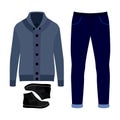 Set of trendy men's clothes. Outfit of man cardigan, pants and and accessories. Men's wardrobe