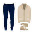 Set of trendy men's clothes. Outfit of man cardigan, pants and accessories. Men's wardrobe Royalty Free Stock Photo