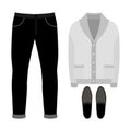 Set of trendy men's clothes. Outfit of man cardigan, pants and accessories. Men's wardrobe Royalty Free Stock Photo