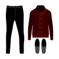 Set of trendy men's clothes. Outfit of man cardigan, pants and accessories. Men's wardrobe Royalty Free Stock Photo